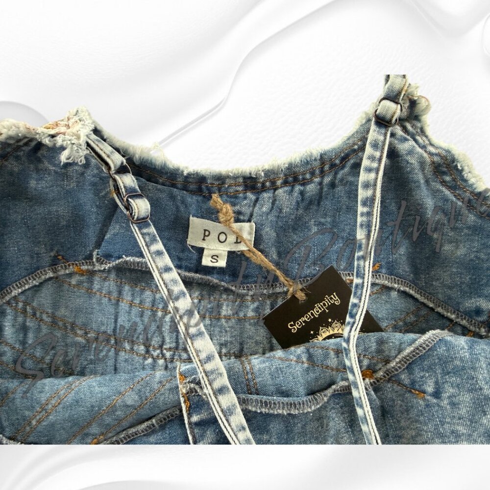 POL Acid Denim Lace Patchwork Button Up Oversized Cami Strap Babydoll Top - Picture 8 of 11